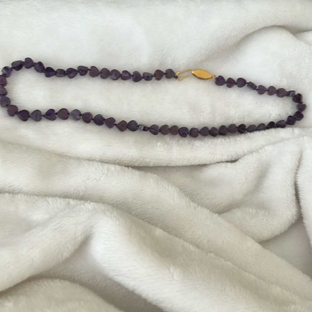 Necklace, amethyst, heart shaped, flat, knotted in between, vintage